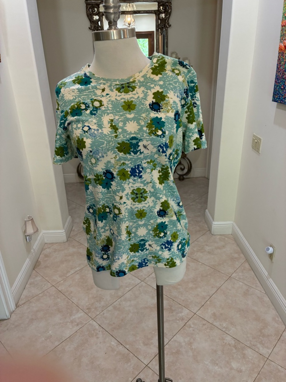 Basic Editions Floral Short-Sleeve Tee in Teal, Green and Cream